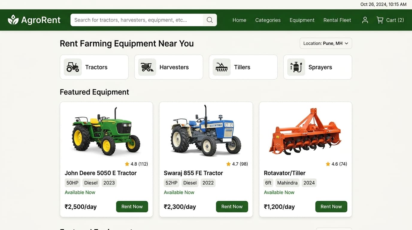 AgroRent farm machinery rental homepage interface showing tractors and harvesting equipment