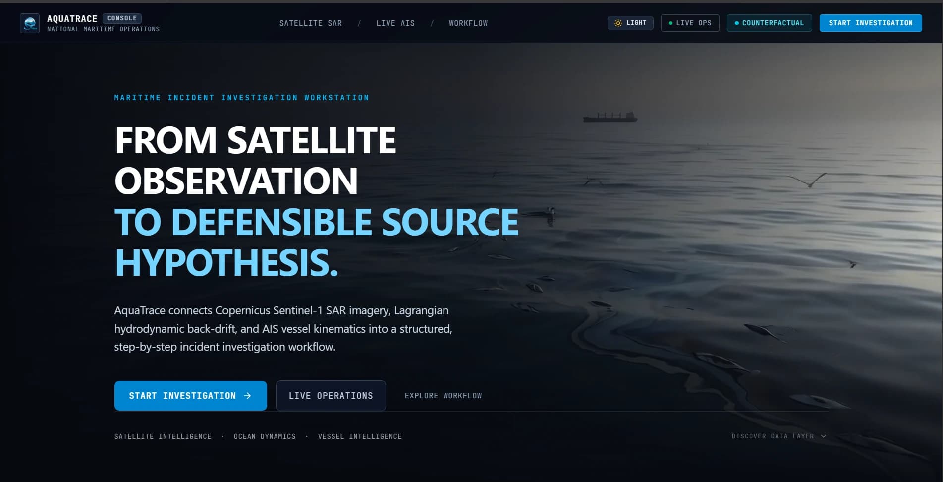 AquaTrace maritime oil spill observation and vessel intelligence interface